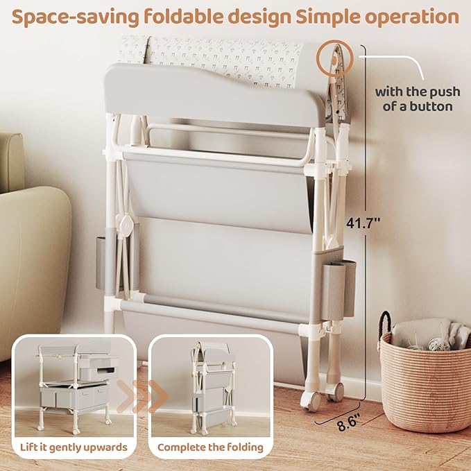 Baby Changing Table, Versatile Folding Changing Table with 2 Drawers, Portable Baby Diaper Changing Station with Toy Holder, Adjustable Height Mobile Nursery Diaper for Infant and Newborn
