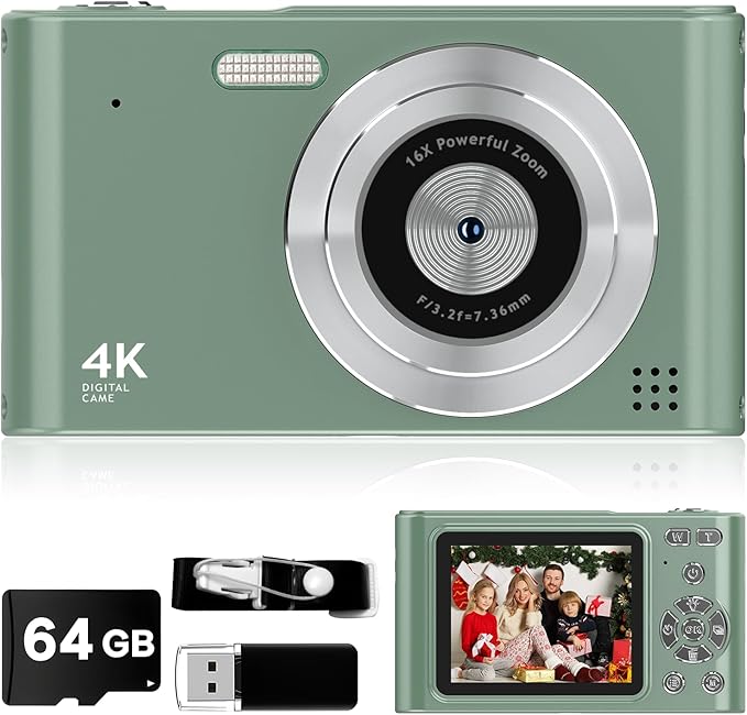 2025 Digital Camera - 1080P Vlog Camera, 44MP Compact, 16X Zoom, Anti-Shake, Green Gift for Kids