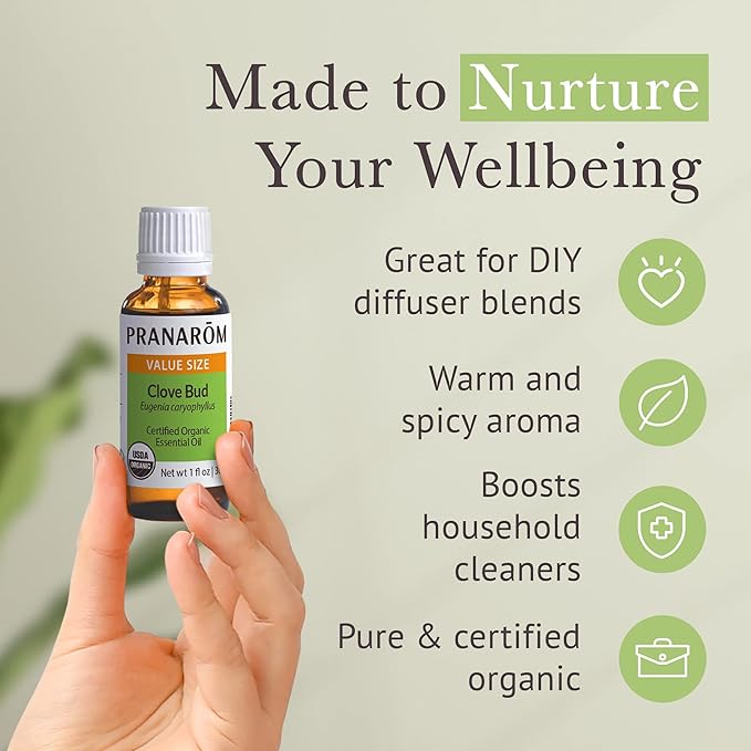 Pranarom USDA Certified Organic Clove Essential Oil (30ml), 100% Pure Undiluted Therapeutic Grade from Sri Lanka & Madagascar for Aromatherapy, Diffuser, Immune Support, DIY Cleaning, Warm Scent