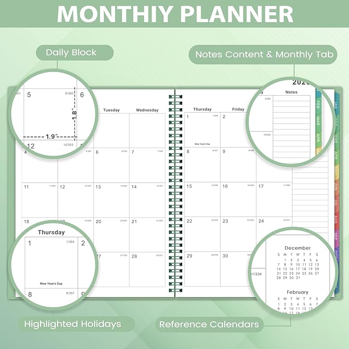 2026 Monthly Planner/Calendar - 2026 Planner, JAN 2026- DEC 2026, Planners with Colorful Tabs, Monthly Planners 2026 for Daily Organizing - Waterproof Cover (8" x10", Note Pages, Green)