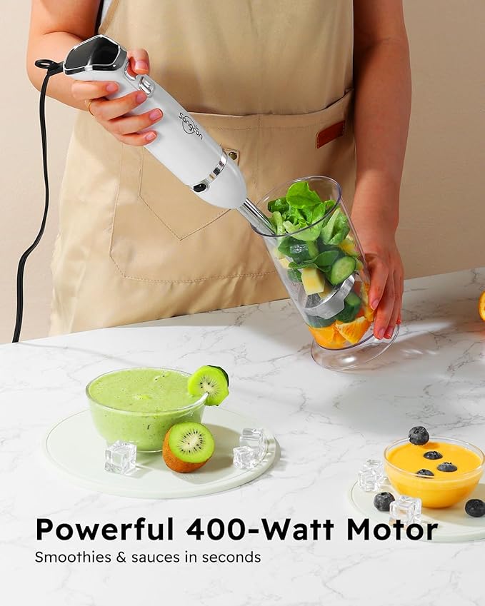 Sangcon Immersion Blender Handheld, 3-in-1 Hand Blender Electric, 400W Handheld Blender, Stainless Steel Blade Stick Blender with Whisk, Milk Frother Attachments - White