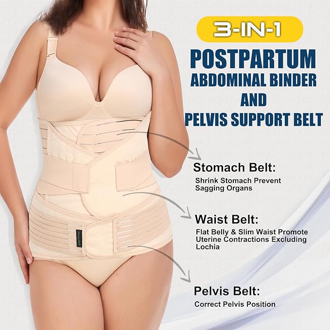 ChongErfei 3 in 1 Postpartum Support - Recovery Belly/waist/pelvis Belt Shapewear Slimming Girdle, Beige, L For Posture Correction
