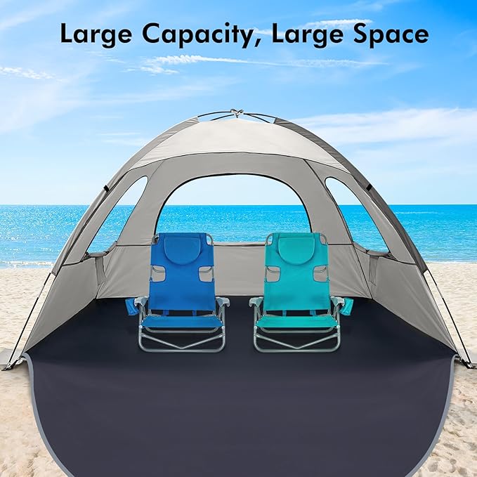 WhiteFang Beach Tent Anti-UV Portable Sun Shade Shelter for 3/4/6/8 Person, Extendable Floor with 3 Ventilating Mesh Windows Plus Carrying Bag, Stakes and Guy Lines