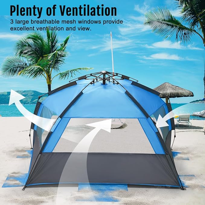 WhiteFang Deluxe Pop Up Beach Tent Sun Shade Shelter for 3-4/5-6 Person, UV Protection, Extendable Floor with 3 Ventilating Windows Plus Carrying Bag, Stakes, and Guy Lines