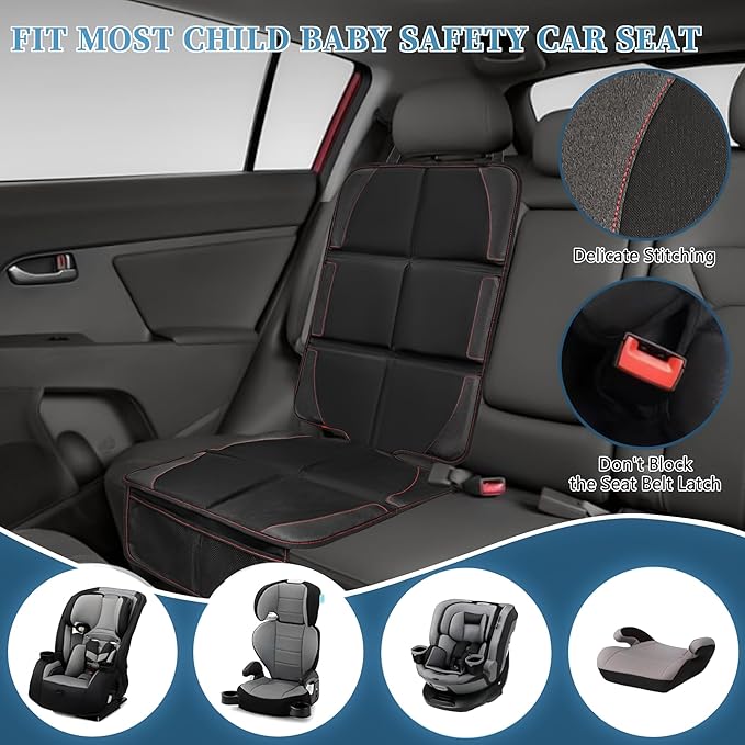 Car Seat Protector 2 Pack Baby Car Seat Covers with Mesh Pockets & Non-Slip Backing 600D Durable Seat Protector Under Baby Car Seat (Black & Red, Large)
