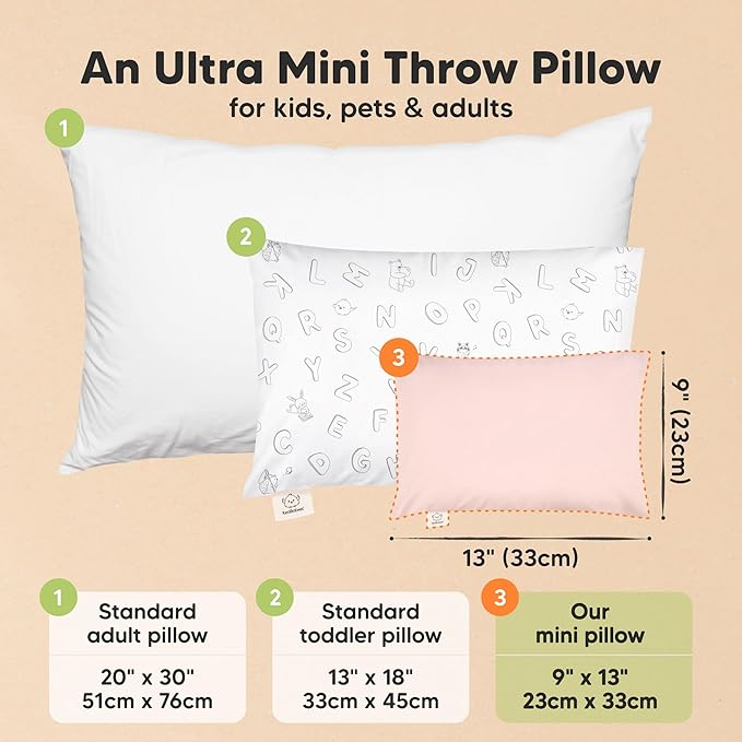 Mini Toddler Pillow with Pillowcase - 9x13 My Little Dreamy Travel Kids Pillow for Sleeping, Toddler Bed, Small, Tiny, Organic Cotton Pillowcase, Soft & Breathable, Kids 2-4 Years Old (Mist Pink)