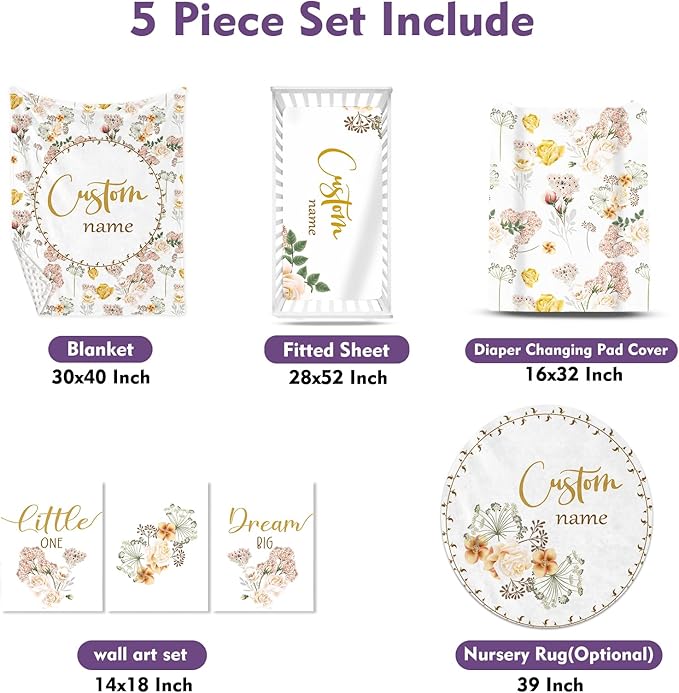 Personalized Baby Crib Bedding Set for Girls, Flower Design Custom Name Baby Crib Sets 5-Pcs, Toddler Double Layer Blanket Fitted Sheets Changing Pad Cover Rug Wall Art Set, Charming Nursery Decor