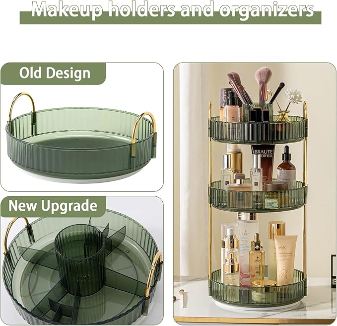 Rotating Makeup Organizer for Vanity, High-Capacity Skincare Clear Make Up Storage Perfume Organizers Cosmetic Dresser Organizer Countertop 360 Spinning (Green, New-3 Tier)