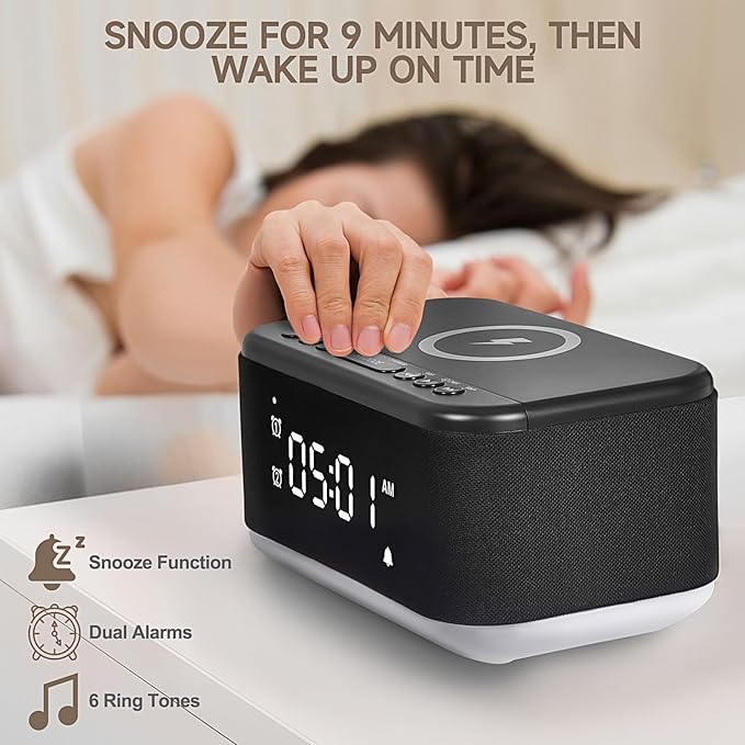Alarm Clock Speaker Wireless Charger, Digital Alarm Clocks Bedrooms Bluetooth, Alarm Clock Dimmable Light Bedrooms Dual Alarm Snooze Dimmer 12 24H RGB Night Light Bluetooth USB AUX, Black