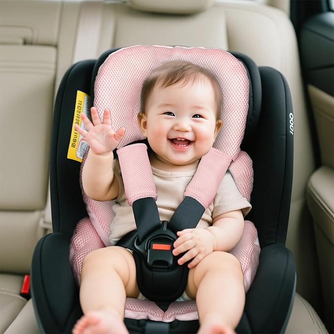 Infant Car Seat Insert for Newborn Girls Boys, Summer Mesh Baby Carseat Head Support with Strap Pads, Soft Reversible Baby Car Seat Insert Cushion Pad for Car Seat, Stroller, Bouncer, Swing, Pink