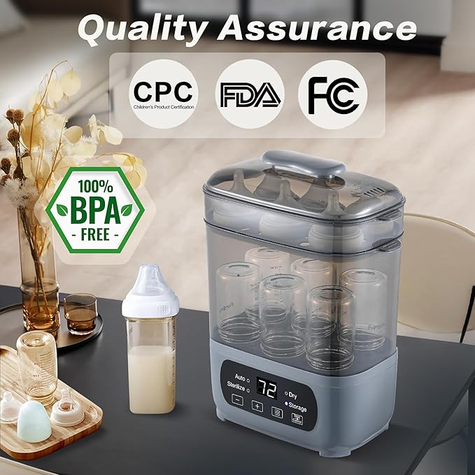 4-in-1 Baby Bottle Steamer and Dryer, Electric Steamer with Fast Drying, Universal Fit for All Bottles, LED Touch Screen & Auto Shut-Off Protection (Grey)