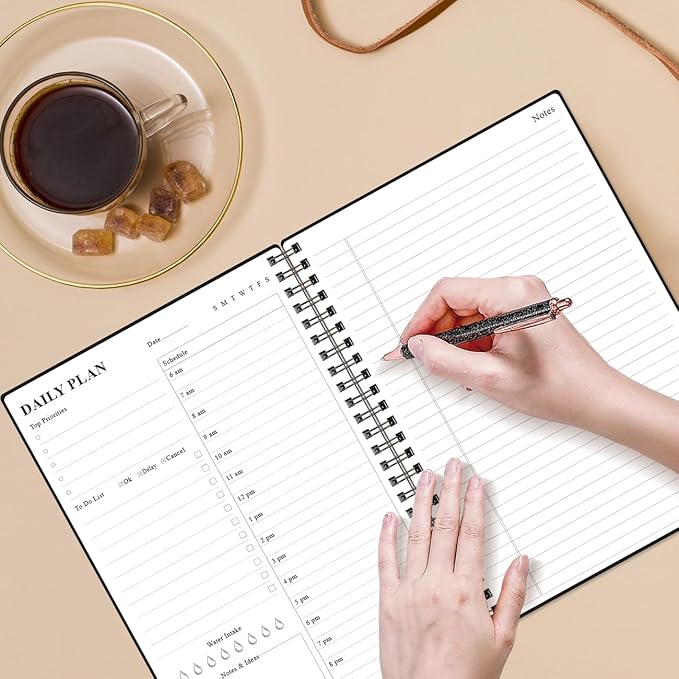 Daily Planner Undated - B5 To Do List Notebook Hourly Schedules, Spiral Appointment Planner for Women and Men, PVC Hardcover, Inner Pocket, Elastic Closure, 7" x 10", Black