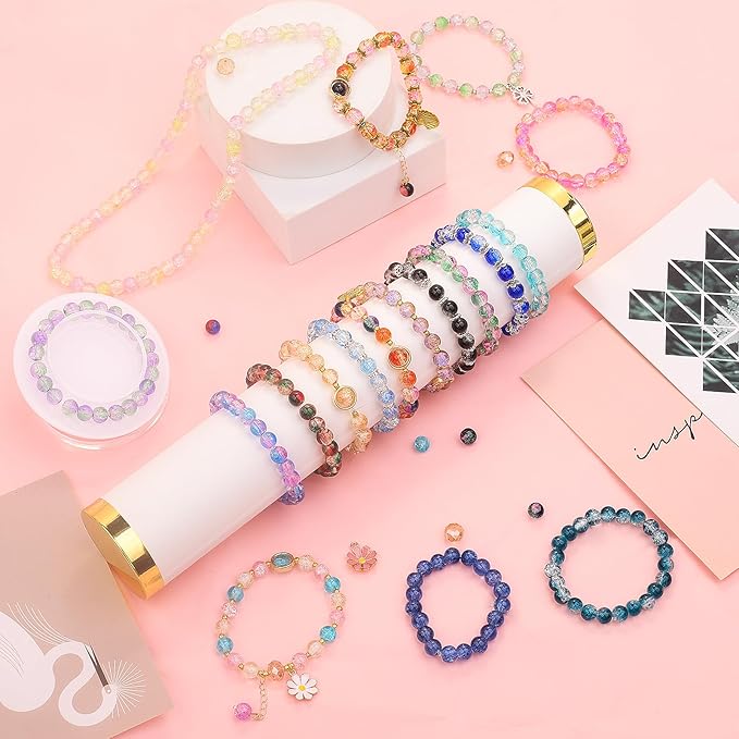 UFU 8mm Glass Beads for Jewelry Making, 1300+ Pcs 46 Colors Crackle Glass Beads Bracelet Making Kit, Round Crystal Beads for Bracelets Necklace DIY Crafts Gifts, Without Jewelry Pliers