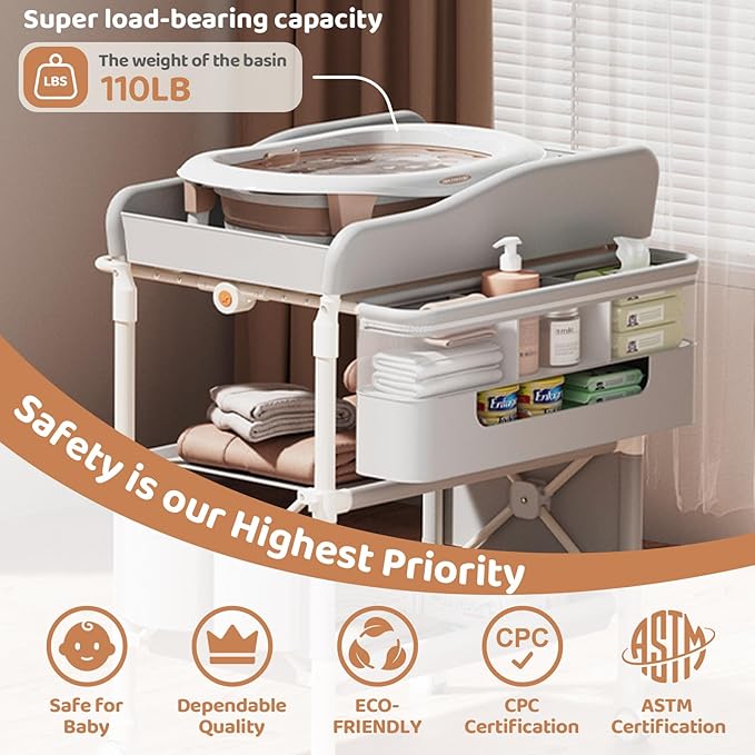 Baby Changing Table, Versatile Folding Changing Table with 2 Drawers, Portable Baby Diaper Changing Station with Toy Holder, Adjustable Height Mobile Nursery Diaper for Infant and Newborn