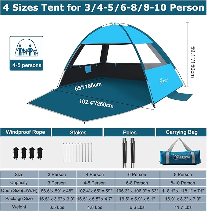 COMMOUDS Beach Tent Sun Shade for 3/4-5/6-7/8-10 Person, UPF 50+ Beach Sun Shelter Canopy Tent, Lightweight, Easy Set Up and Carry