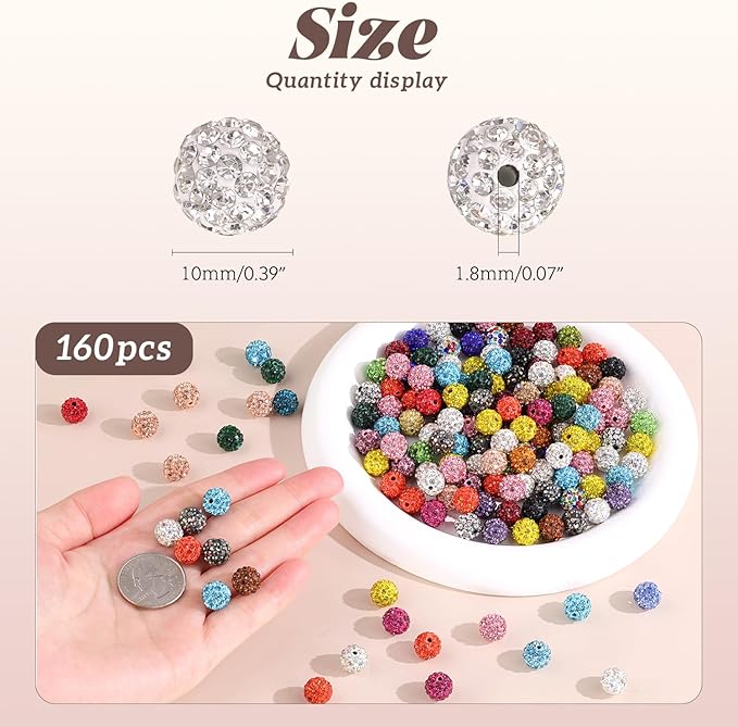 160pcs 10mm Rhinestone Beads for Jewelry Making, Pink AB Shiny Round Disco Ball Beads Bulk, Sparkle Crystal Clay Christmas for Bracelet Baseball Necklace Earring Crafting and DIY