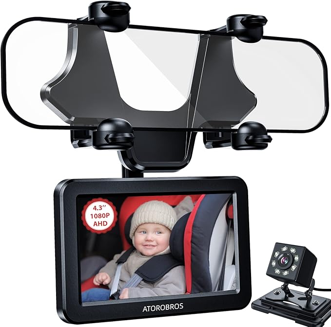 Upgrade AHD 1080P Baby Car Camera for Rear-Facing Seat, 4.3'' Car Back Seat Mirror for Children Infants Kids, 1080P IR Night Vision, Upgrade 360 Rearview Mirror Display Bracket