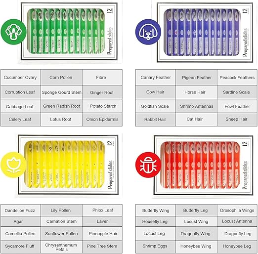 48Pcs Prepared Microscope Slides Specimen Animals Plants Flowers Sample Biological Specimen, Stereo Microscope Slide for Kids Children Students Enlighten Education
