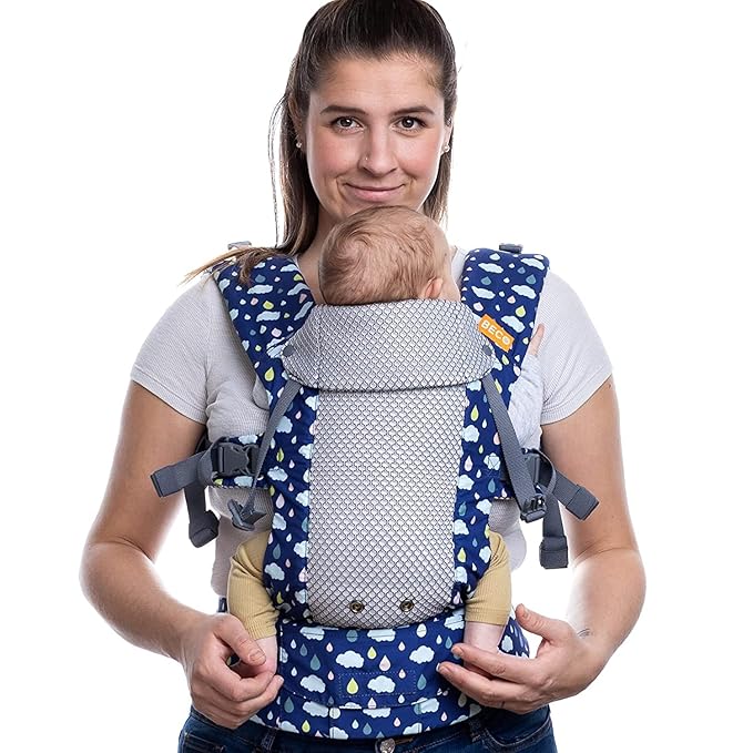Beco Gemini Baby Carrier from Newborn to Toddler - Certified Ergonomic Newborn Baby Carrier for Infants and Children of 7-35 lbs - M Shape, Adjustable Seat, Breathable 3D Mesh (Cool Rain Drops)