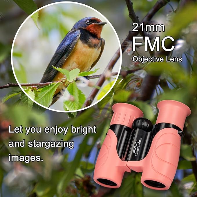 Pink Binoculars for Kids Ages 4-12, Durable & Lightweight Outdoor Telescope for Girls, Educational STEM Toy with Clear Vision, Adjustable Focus, Carry Bag (Perfect for Bird Watching, Camping, Travel)