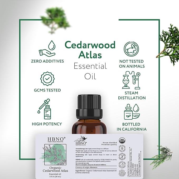 HBNO California Bottled Organic Cedarwood Essential Oil 1 fl oz (30ml) - USDA Certified Organic Cedarwood Essential Oil for Aromatherapy, Soap Making, DIY, Fragrances, Diffuser