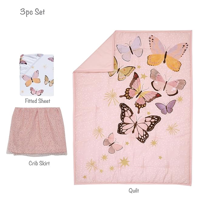 Lambs & Ivy Butterfly Dreams Pink/Gold 3-Piece Nursery Baby Crib Bedding Set
