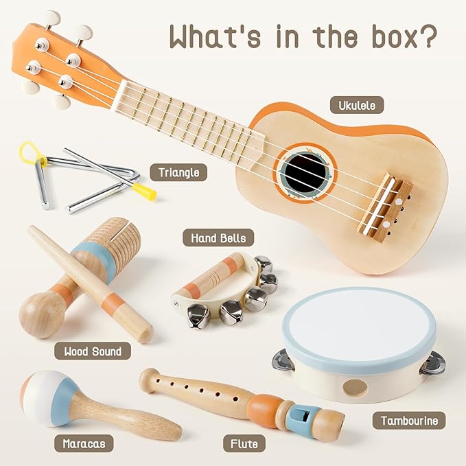 Kids Guitar Set - 7 in 1 Musical Instruments for Toddlers 2-4, Wooden Musical Toys for 2 3 4 Year Old Boy & Girls Birthday Gifts, Band Sets with Ukulele/Flute/Tambourine/Maracas Toys for Kids 3-5