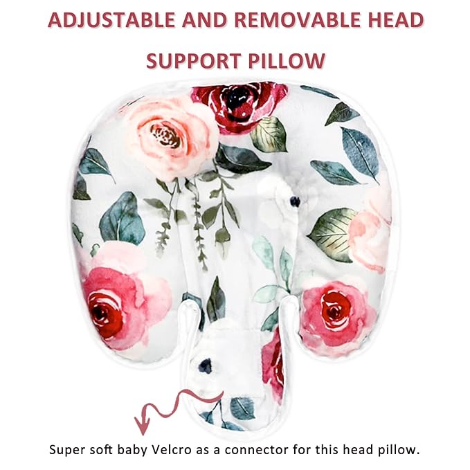 2 in 1 Infant Car Seat Insert, Car Seat Head Support Baby Girls Boys, Soft Newborn Carseat Insert Cushion, Perfect for Carseats, Strollers, Swings (Rose Flower)