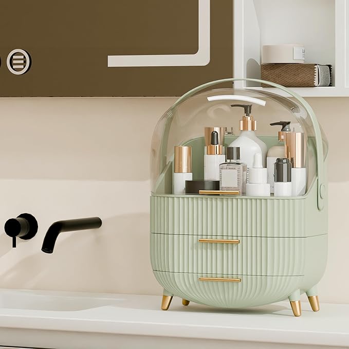 Makeup Organizers and Storage, Make up Organizer for Vanity Cosmetics Skincare Organizers With Lid and Drawers Display Cases for Countertop（Light Green）