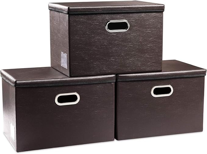 PRANDOM Large Foldable Storage Bins with Lids [3-Pack] Leather Fabric Collapsible Storage Boxes Organizer Containers Baskets Cube with Cover for Home Bedroom Closet Office Brown(17.7x11.8x11.8)