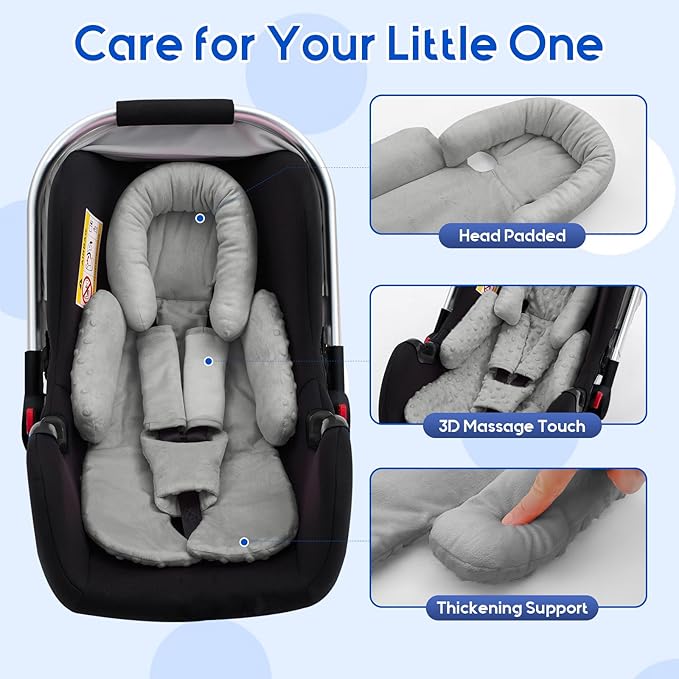 Baby Car Seat Head Support for Doona Stroller, Thickened Infant Carseat Head Support with 3 Strap Covers, Reversible Car Seat Insert for Newborn, Baby Car Seat Cushion with Filled Natural Cotton