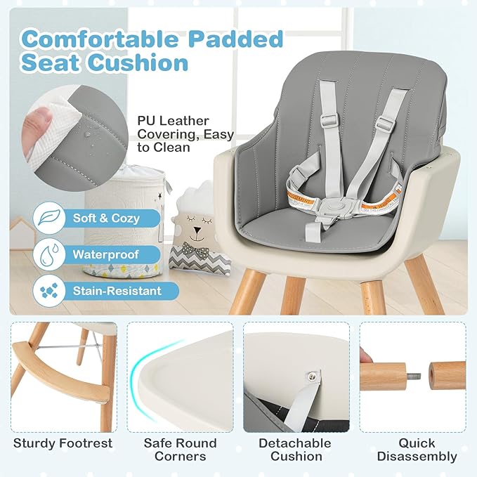 HONEY JOY High Chair, 3-in-1 Eat & Grow Wooden Highchair/Toddler Chair with Removable Tray, 5-Point Harness, PU Cushion and Footrest for Baby, High Chair for Babies and Toddlers(Gray)