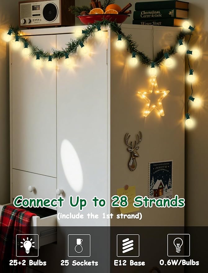 25Ft Outdoor Christmas Lights, Dimmable G40 LED Patio String Lights with 27 Frosted White Globe Bulbs, Green Wire Outdoor Christmas Decorations Lights Waterproof for Wedding Party Porch Backyard