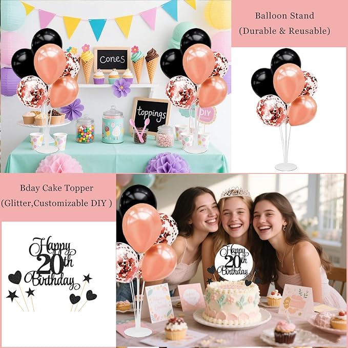 20th Birthday Decorations for Girls Women - 56pcs Rose Gold Happy 20th Banner, 20th Birthday Crown Sash, Cake Topper, Number 20 balloons, 3D Butterflies, 4 Balloon Stands kits
