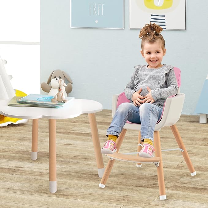 BABY JOY Convertible Baby High Chair, 3 in 1 Wooden Highchair/Booster/Chair with Removable Tray, Adjustable Legs, 5-Point Harness, PU Cushion and Footrest for Baby, Infants, Toddlers (Pink)