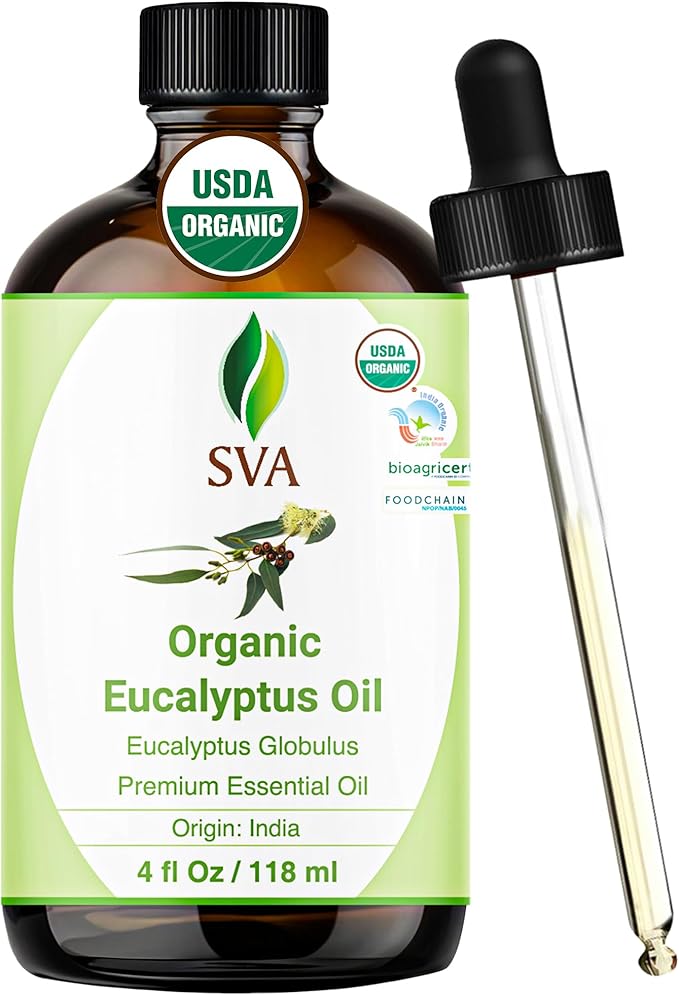 SVA Eucalyptus Essential Oil Organic – 4 Fl Oz – 100% Natural Organic Eucalyptus Oil - for Diffuser, Hair, Face, Skin Care, Aromatherapy, Scalp and Body Massage, Soap and Candle Making - with Dropper