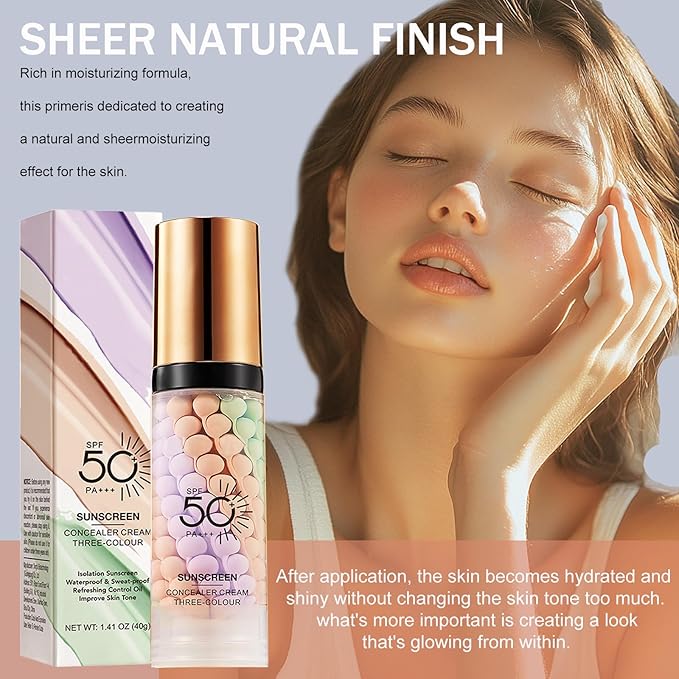 3 In 1Primer for Face Before Makeup,Sunscreen Isolation Cream, SPF 50, One Step Color Corrector Face Primer, Blurs Imperfections Oil Control & Moisturizing Skin Tone Correcting,Radiance Skin