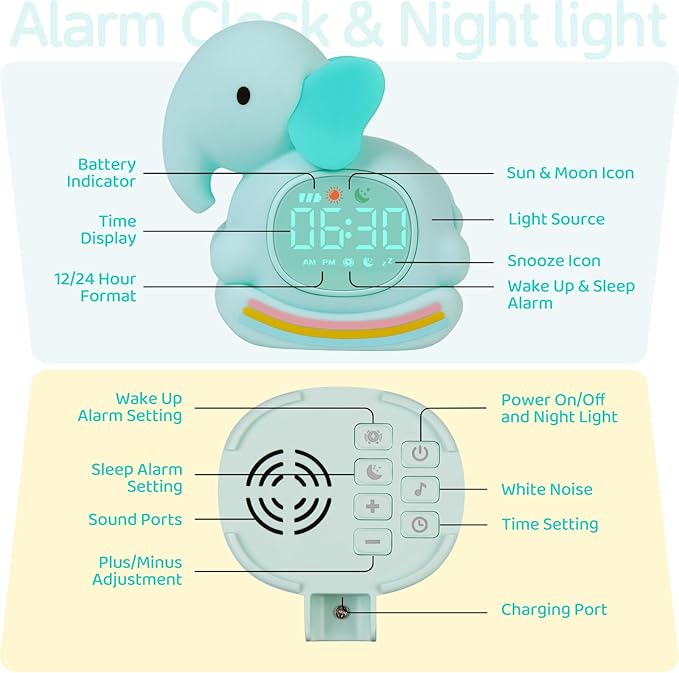 Alarm Clock for Kids with Night Light, Sleep Training Clock Time to Wake Clock, Rechargeable Silicone Light for Bedroom, Perfect Sleep Companion for Boys Girls, Green Elephant