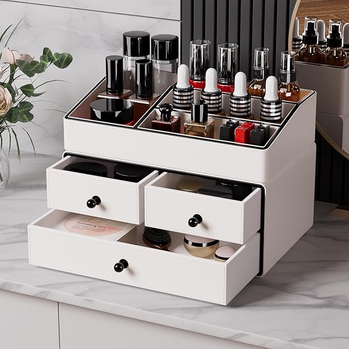GORESE Leather Makeup Organizer with Drawers for Vanity, Stackable Skincare Holder Dresser Organizer Countertop, Make Up Storage Organizers Counter Cosmetic Display Case Gifts for Women(Cream White)