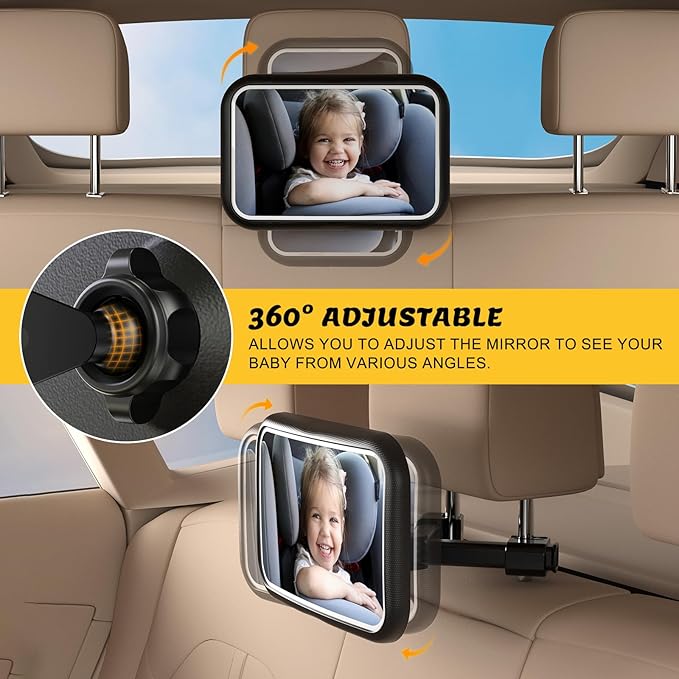 Baby Car Mirror with Light, 7 RGB Light Rear Facing Baby Car Seat Mirror with Remote Control Rechargeable 360° Rotation Hook Clip Design Wide View Shatterproof