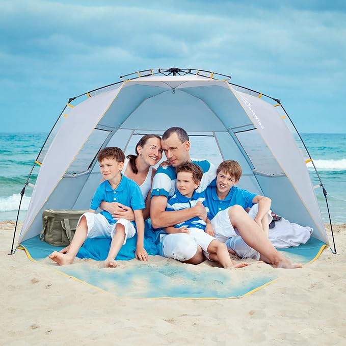 WolfWise 4-5 Person Easy Up Beach Tent UPF 50+ Portable Instant Sun Shelter Canopy Umbrella with Extended Zippered Porch, Blue