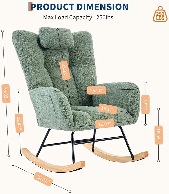 Nursery Rocking Chair,300Lb Glider Chair with Wood Legs/Two Side Pockets,Teddy Upholstered Glider Rocker with Padded Seat High Backrest for Living Room/Bedroom/Nursery