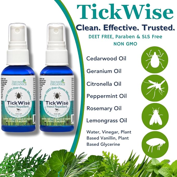 3 Moms Organics, TickWise 2oz Extra Strength Happy Campers 2-Pack - DEET- Free, Tick and Insect Repellent, Plant Based Essential Oils, All Natural Ingredients, Safe for Kids, Adults, Dogs & Horses