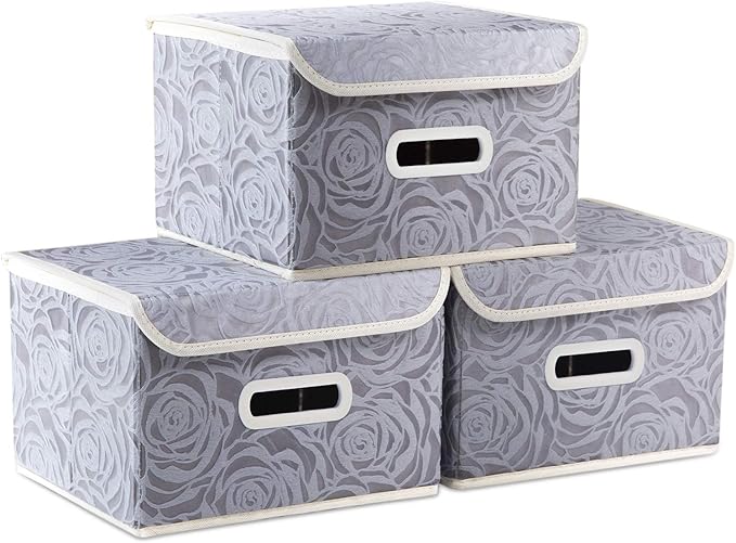 PRANDOM Collapsible Storage Boxes with Lids Fabric Decorative Storage Bins Cubes Organizer Containers Baskets with Cover Handles Divider for Bedroom Closet Living Room 9.8x7.9x6.7 Inch 3 Pack