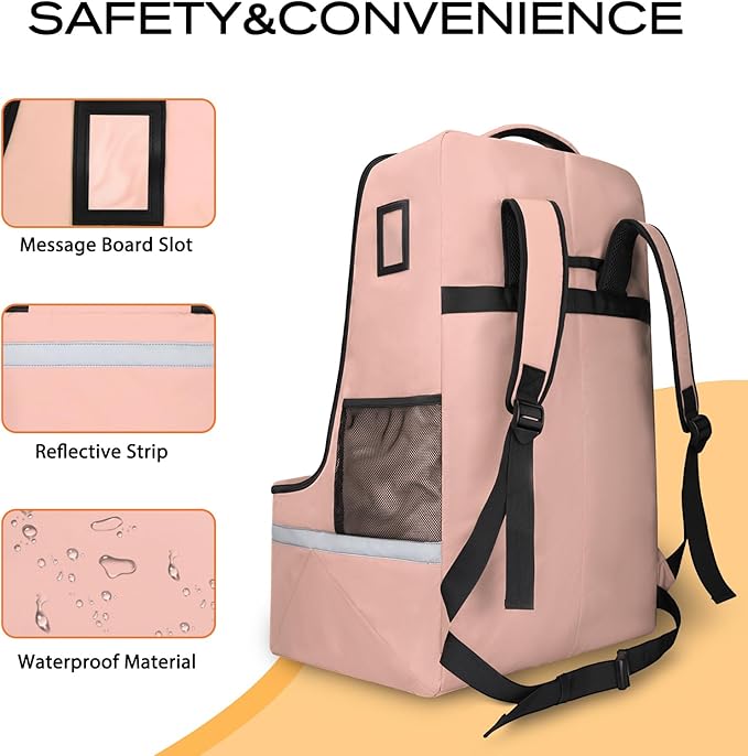 Car Seat Travel Bag for Airplane,Infant Seat Travel Bag with Shoulder Strap,Padded Car Seats Backpack with Reflective Stripes,Large Carseat Carrier Bag Travel Car Seat Cover,Flesh Pink