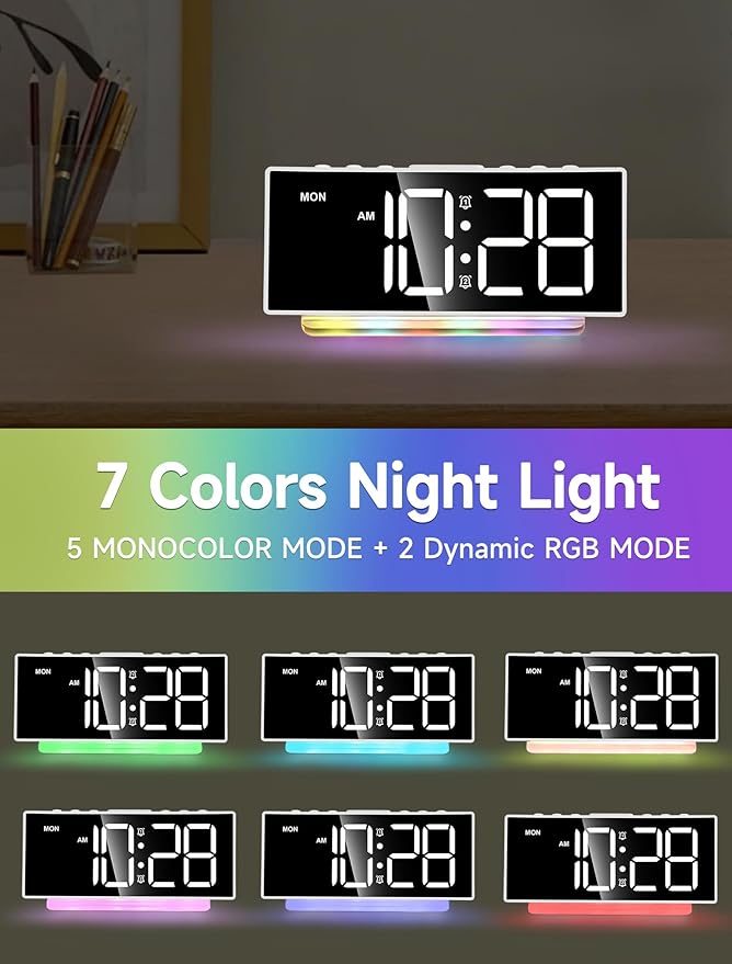 Cadmos Loud Alarm Clocks for Heavy Sleepers,Adults,Kids,Teens,Large Digital Display,7 Color Night Light,Adjustable Volume,Battery Backup,Small Bedside Clocks for Bedrooms (White+Dynamic)
