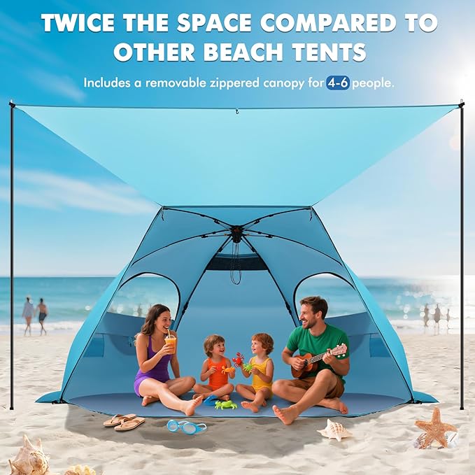 Elegear Beach Tent with Canopy, 1-Second Setup Pop Up Sun Shelter Shade, UPF 50+ UV Protection Silver-Coated Lightweight Portable Beach Cabana