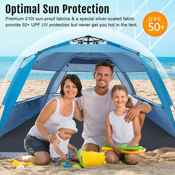 WhiteFang Deluxe Pop Up Beach Tent Sun Shade Shelter for 3-4/5-6 Person, UV Protection, Extendable Floor with 3 Ventilating Windows Plus Carrying Bag, Stakes, and Guy Lines