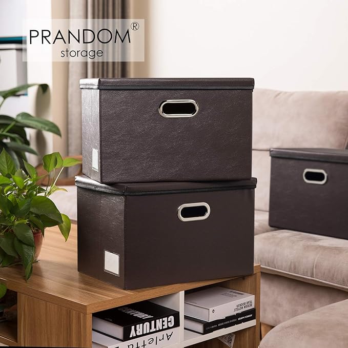 PRANDOM Large Foldable Storage Bins with Lids [3-Pack] Leather Fabric Collapsible Storage Boxes Organizer Containers Baskets Cube with Cover for Home Bedroom Closet Office Brown(17.7x11.8x11.8)