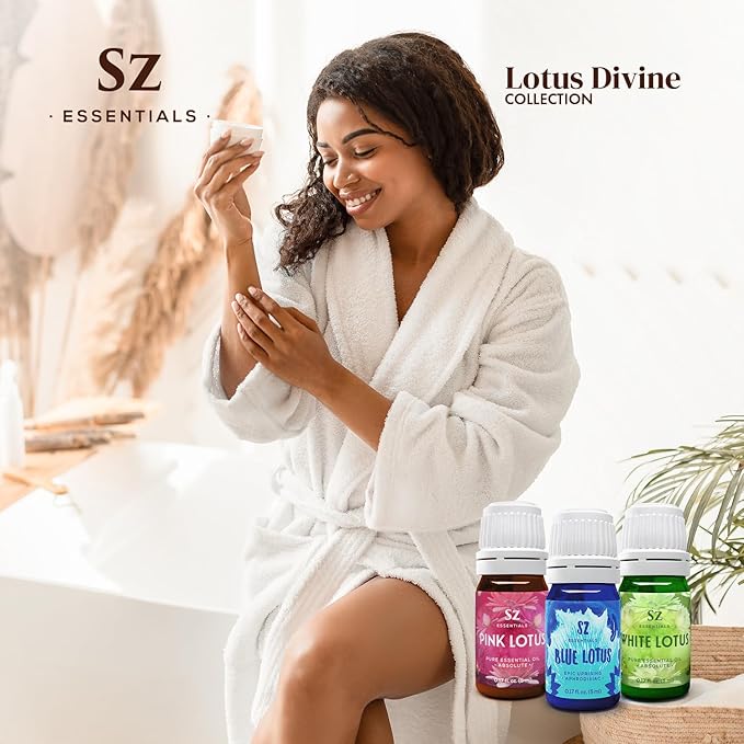 Divine Essential Oils Collection - Blue, Pink, White Lotus - Set of 3 Bottles (0.17 Fl Oz - 5ml Each) - 100% Pure, Natural & Undiluted - Therapeutic Grade & Vegan